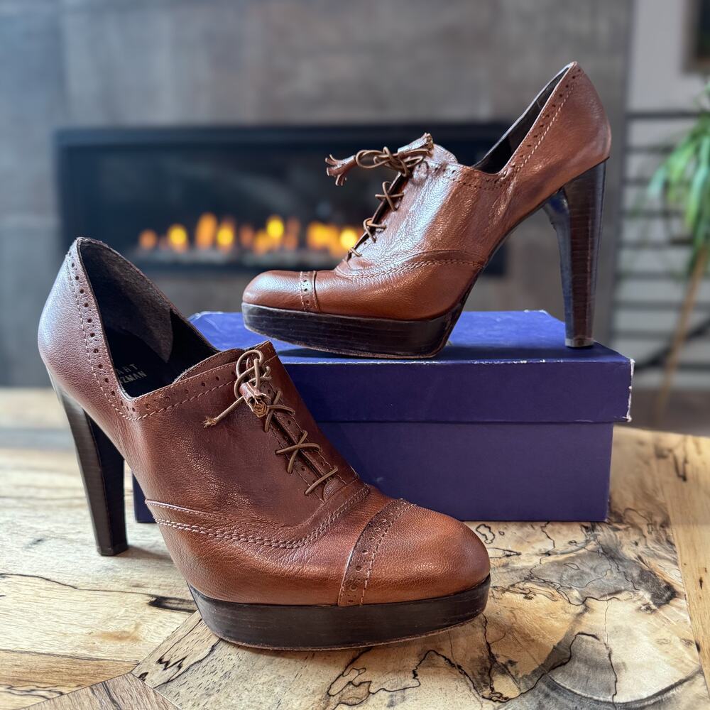 Stuart Weitzman Signore Hickory Leather Platform Heeled Oxford Lace Up Booties-9